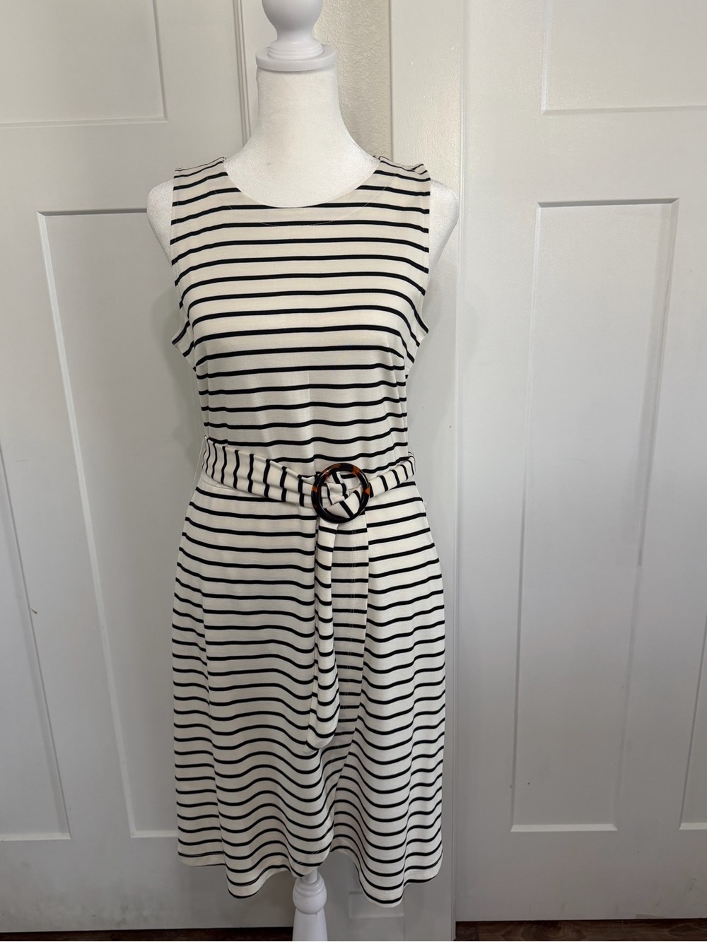 LOFT Sleeveless Black & White Striped Belted Midi Dress Size 2